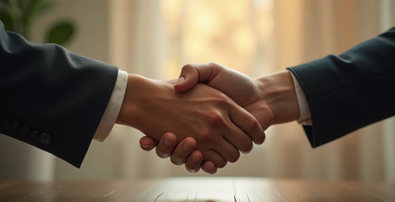 Symbolique visuelle : mains entrecroisées en poignée de main discrète sur fond minimaliste neutre avec bokeh léger doré