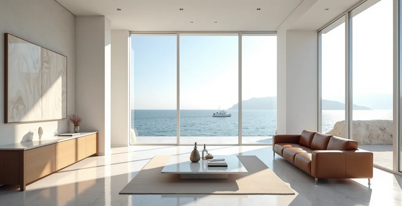 Immense baie vitrée épurée surplombant la mer Méditerranée depuis un bureau monégasque minimaliste, légère lumière matinale diffuse