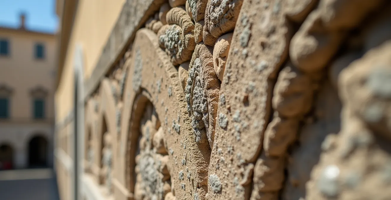 Détail de texture de pierre monumentale monégasque millénaire, avec patine historique, lichens naturels, lumière rasante révélant siècles de transformation