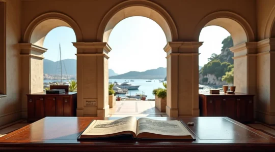 Bureau d'agence immobilière historique à Monaco avec vue panoramique sur le port et les yachts, murs en pierre monégasque, mobilier classique haut de gamme, lumière naturelle douce