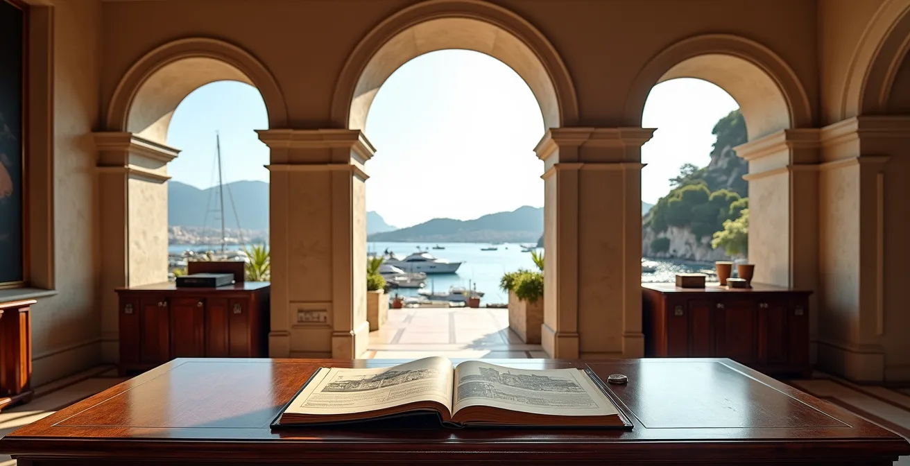 Bureau d'agence immobilière historique à Monaco avec vue panoramique sur le port et les yachts, murs en pierre monégasque, mobilier classique haut de gamme, lumière naturelle douce