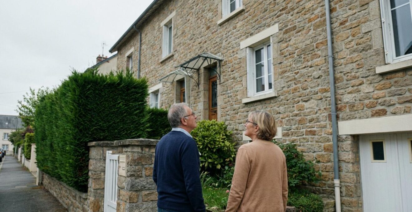 Couple quinquagénaire français discutant devant leur maison de ville, estimation immobilière