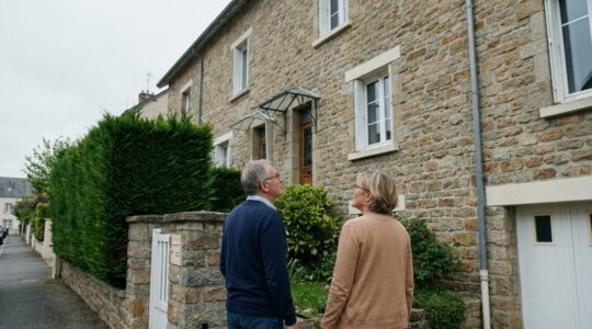 Couple quinquagénaire français discutant devant leur maison de ville, estimation immobilière