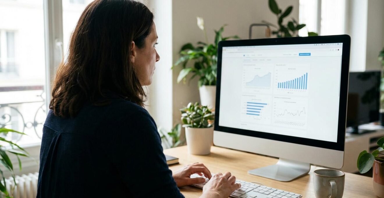 Propriétaire consultant une estimation immobilière sur écran d'ordinateur